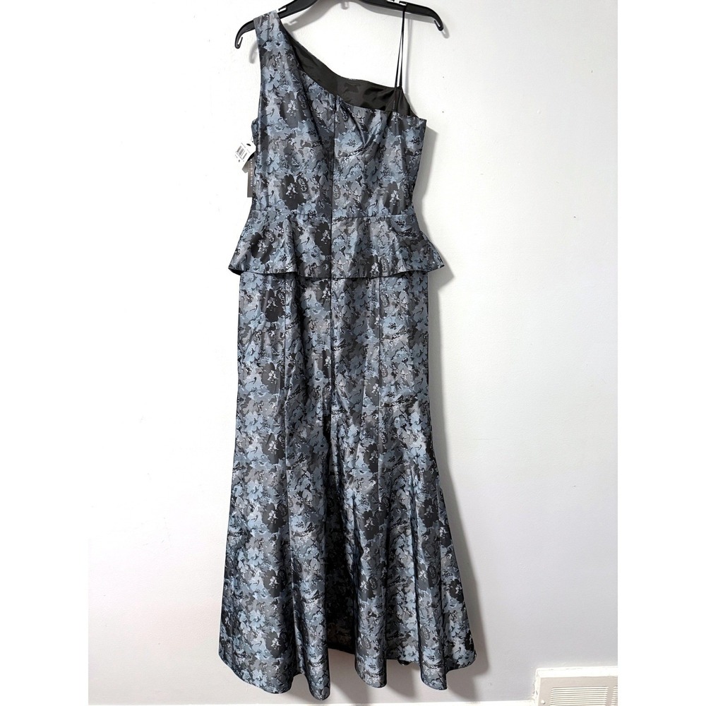 David Meister Blue Gray Floral Jacquard One Shoulder Peplum Gown Dress 8 NEW